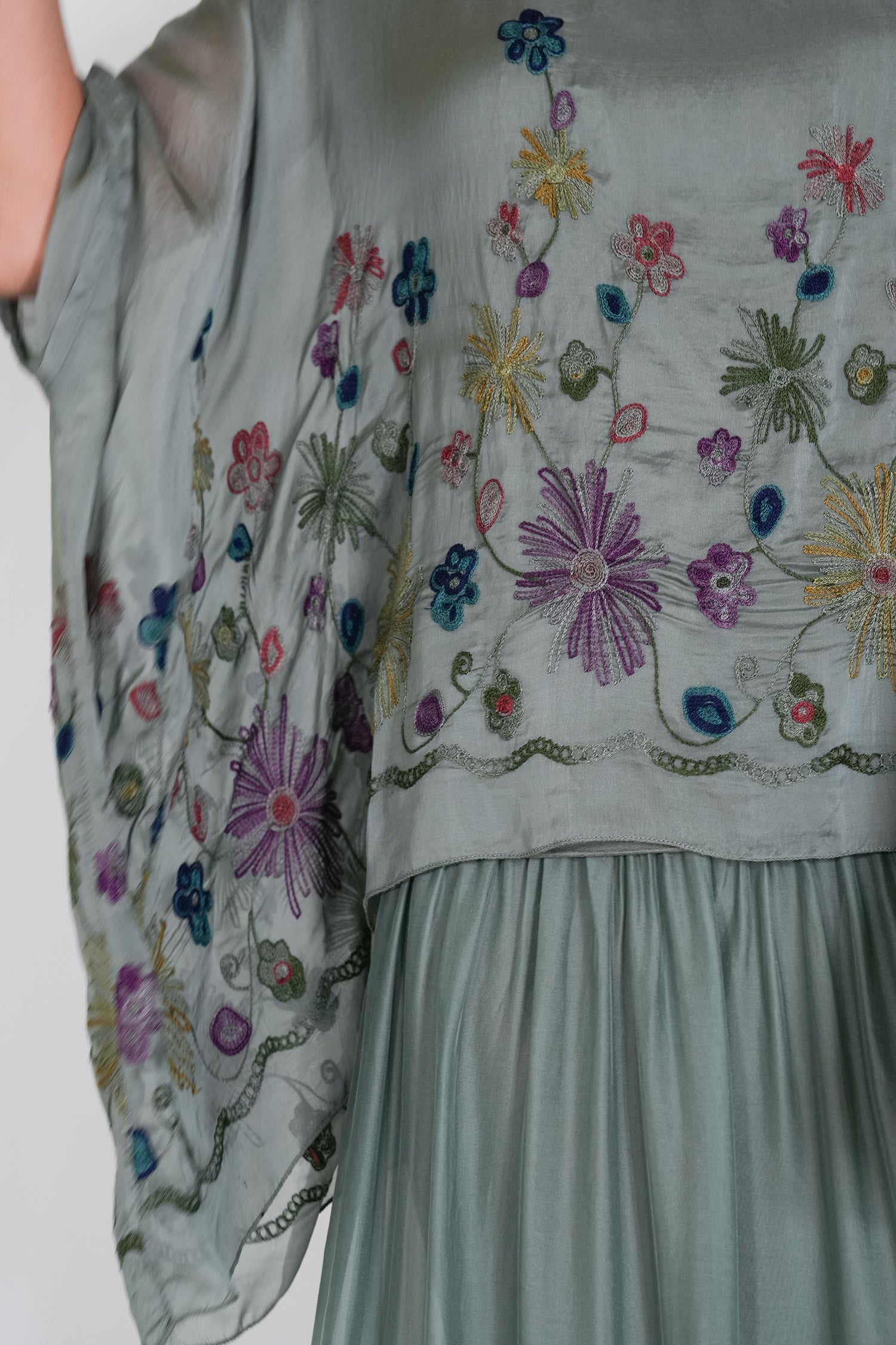 Olive Embroidered Silk Poncho