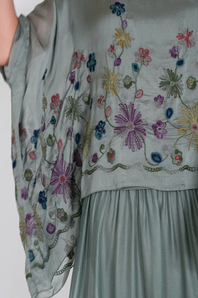 Olive Embroidered Silk Poncho