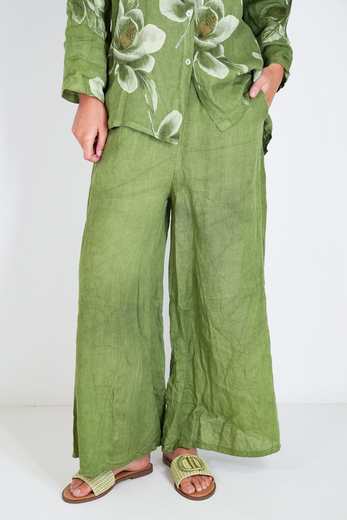 Green Linen Wide Leg Pant