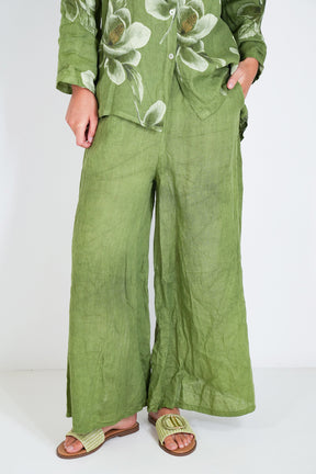 Green Linen Wide Leg Pant