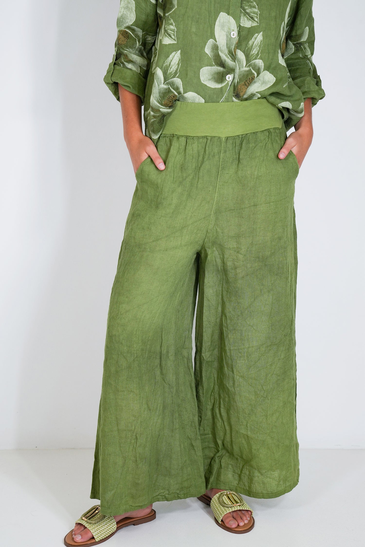 Green Linen Wide Leg Pant