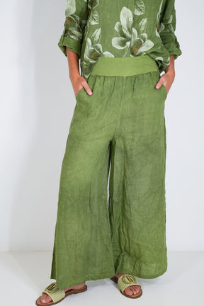 Green Linen Wide Leg Pant