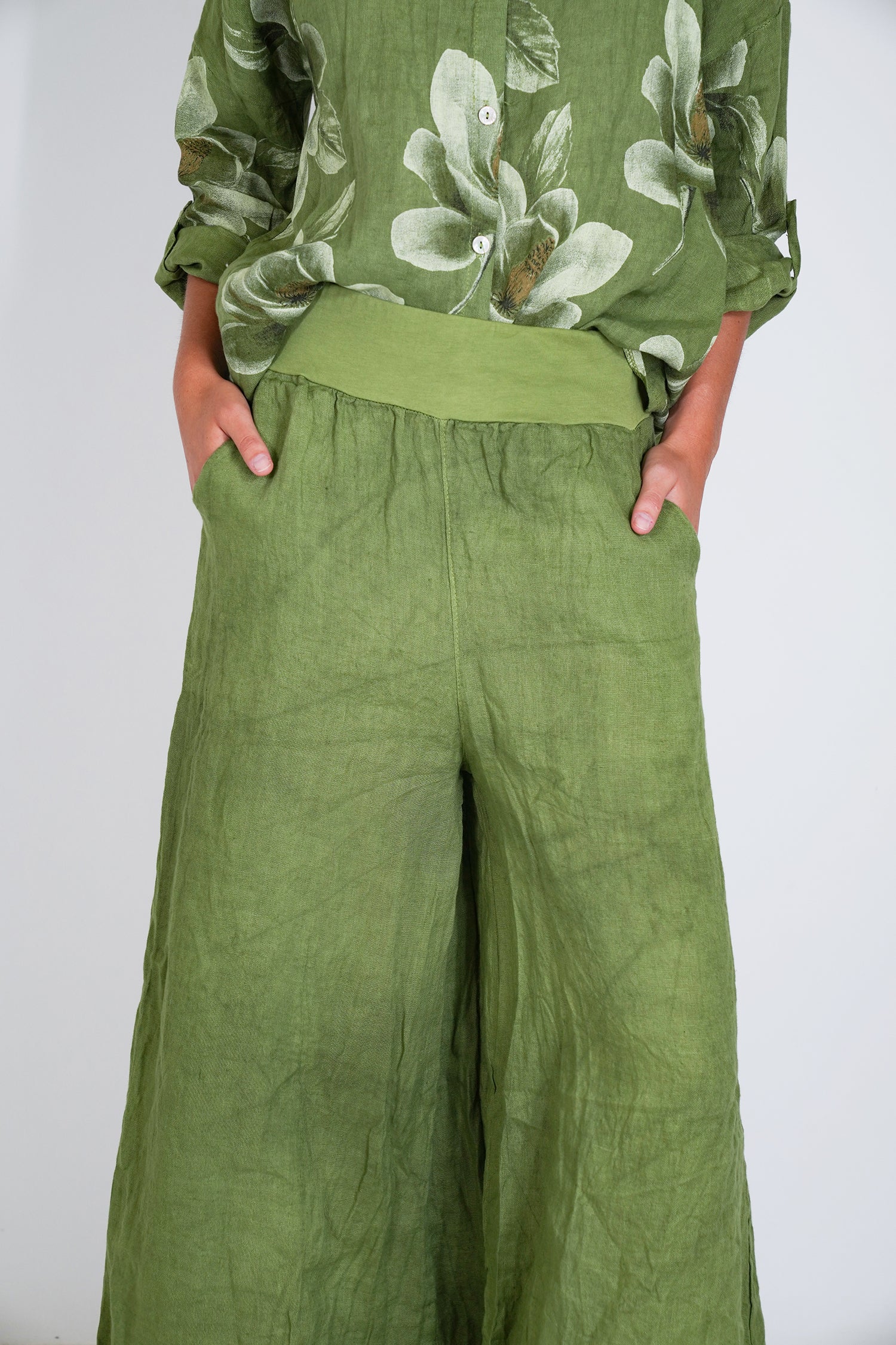 Green Linen Wide Leg Pant