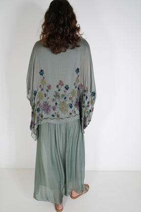 Olive Embroidered Silk Poncho