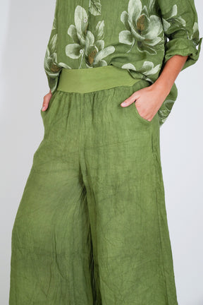 Green Linen Wide Leg Pant