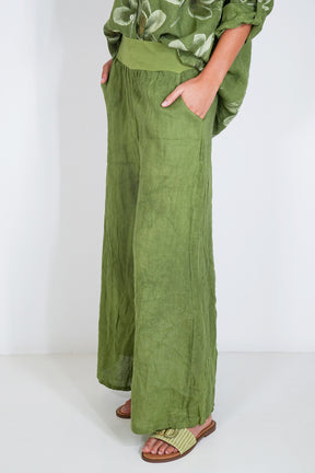 Green Linen Wide Leg Pant