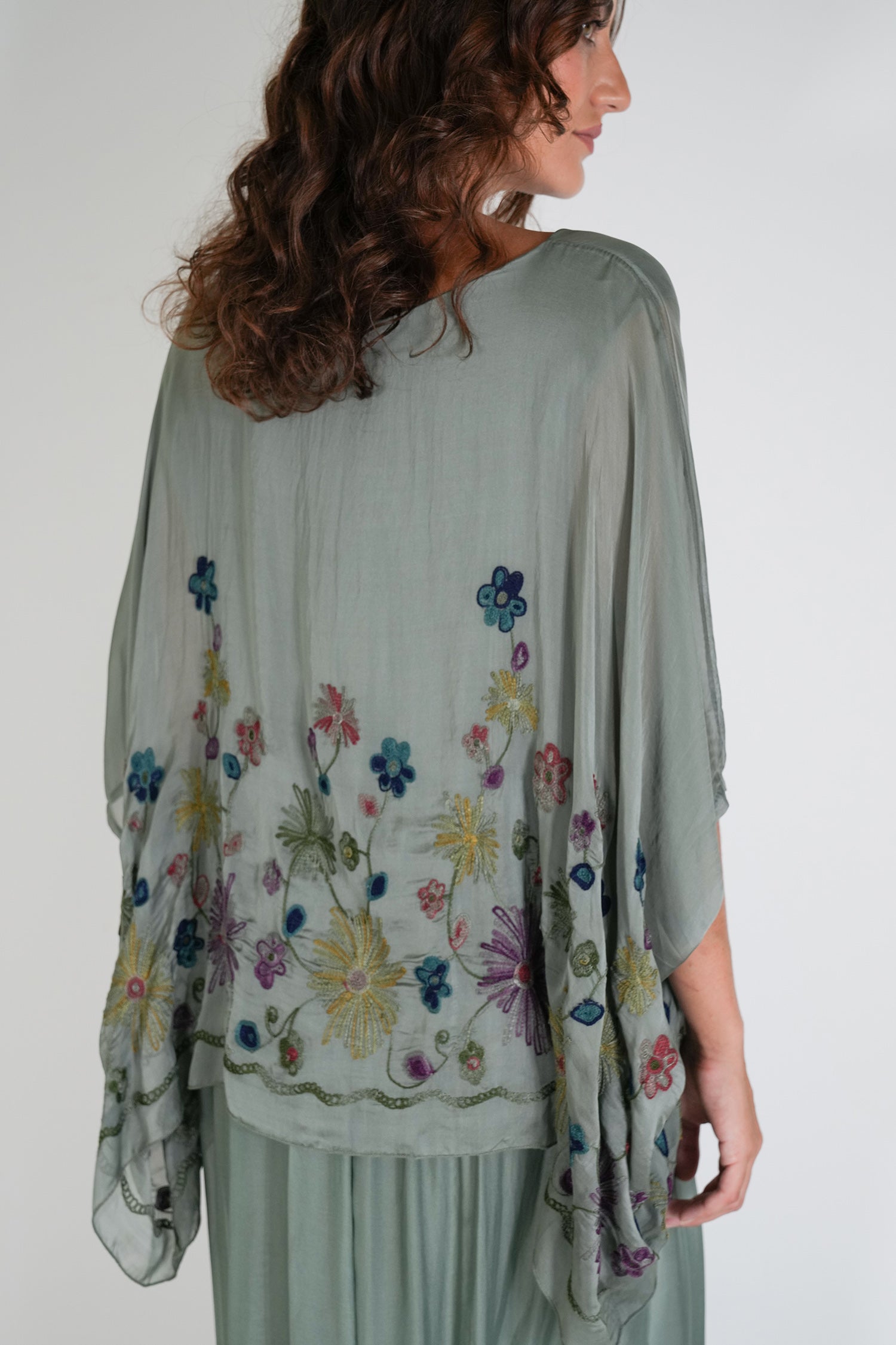 Olive Embroidered Silk Poncho