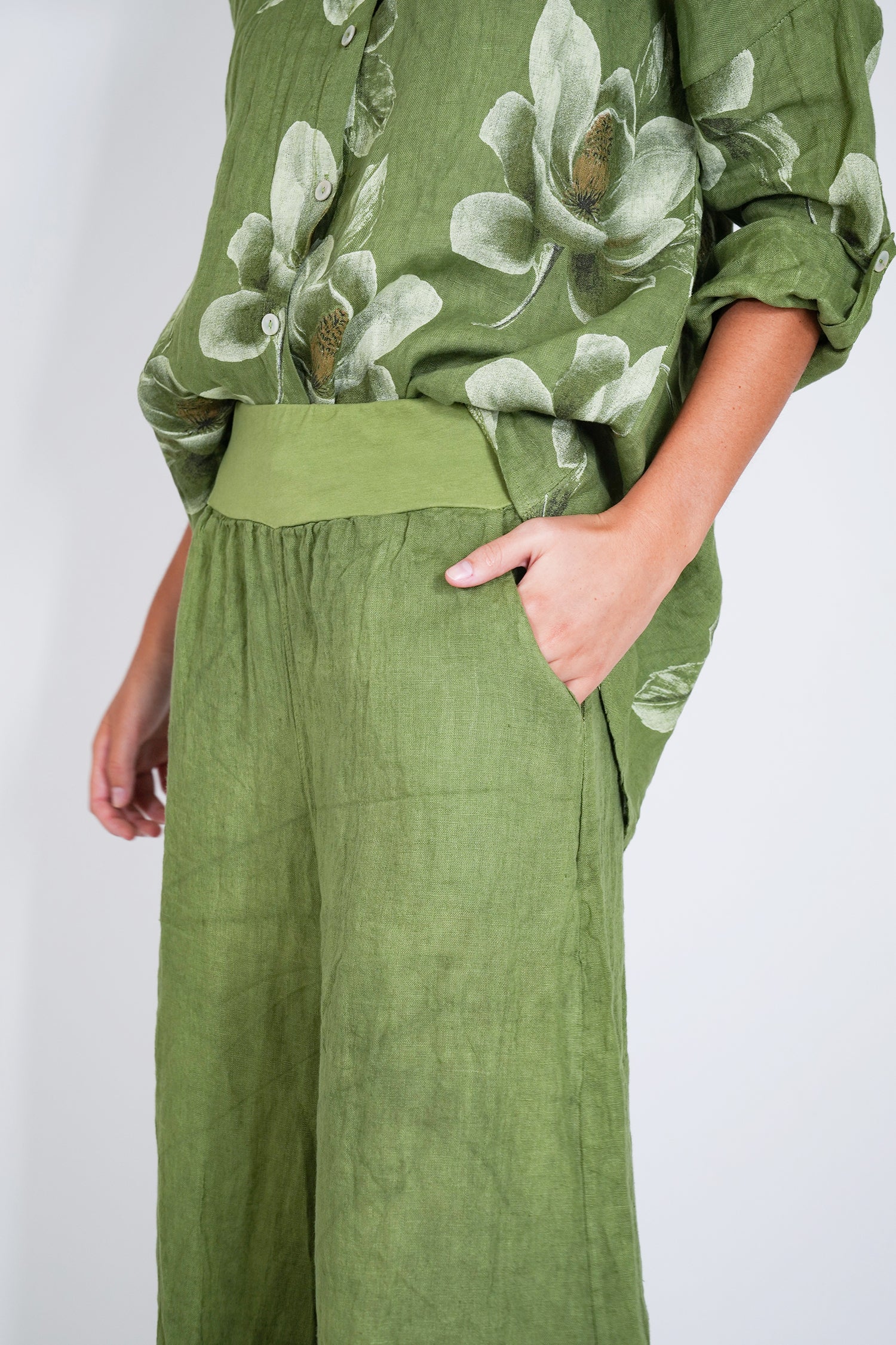 Green Linen Wide Leg Pant