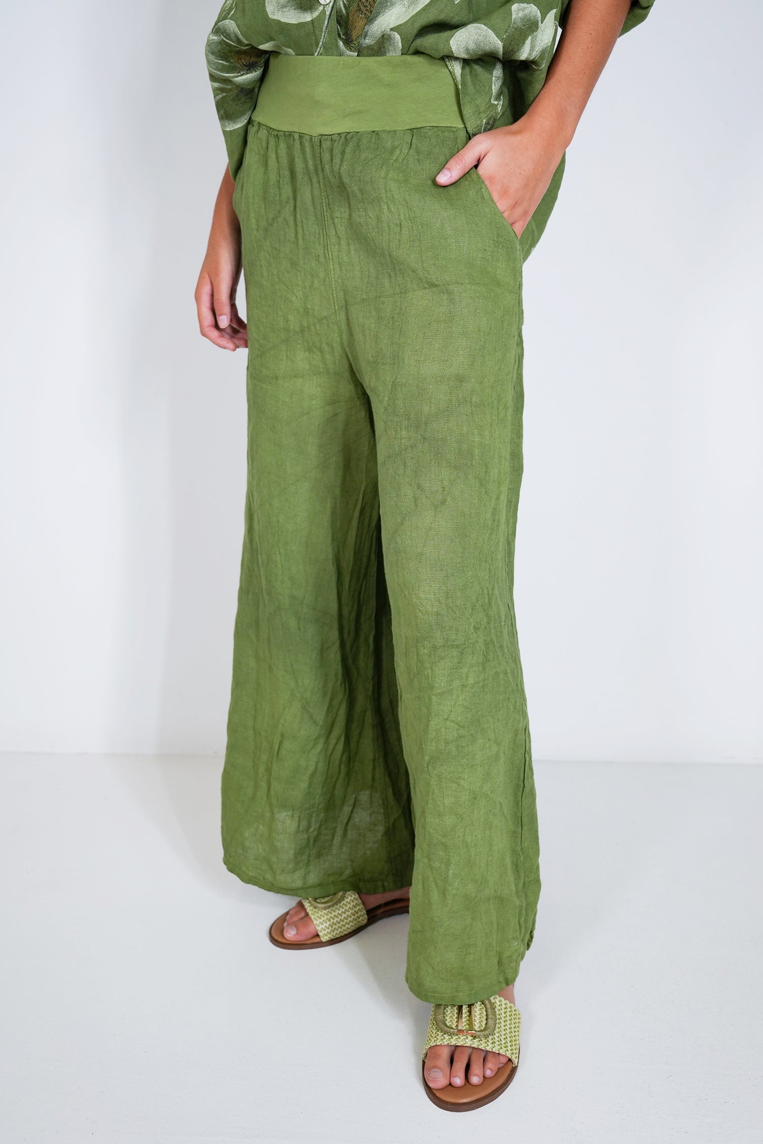Green Linen Wide Leg Pant