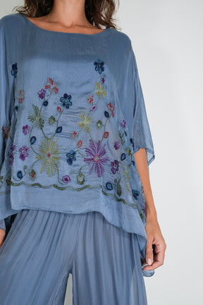 Blue Embroidered Silk Poncho