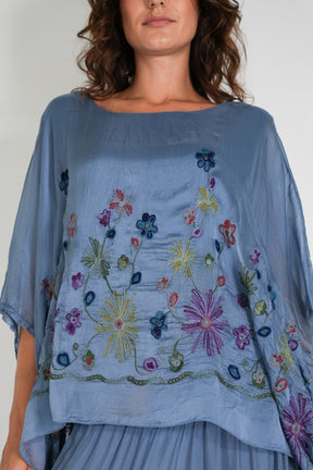 Blue Embroidered Silk Poncho