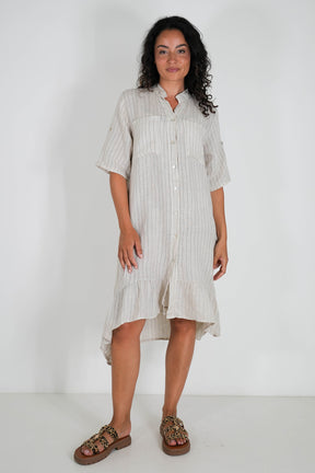 Cream Striped Linen Dress
