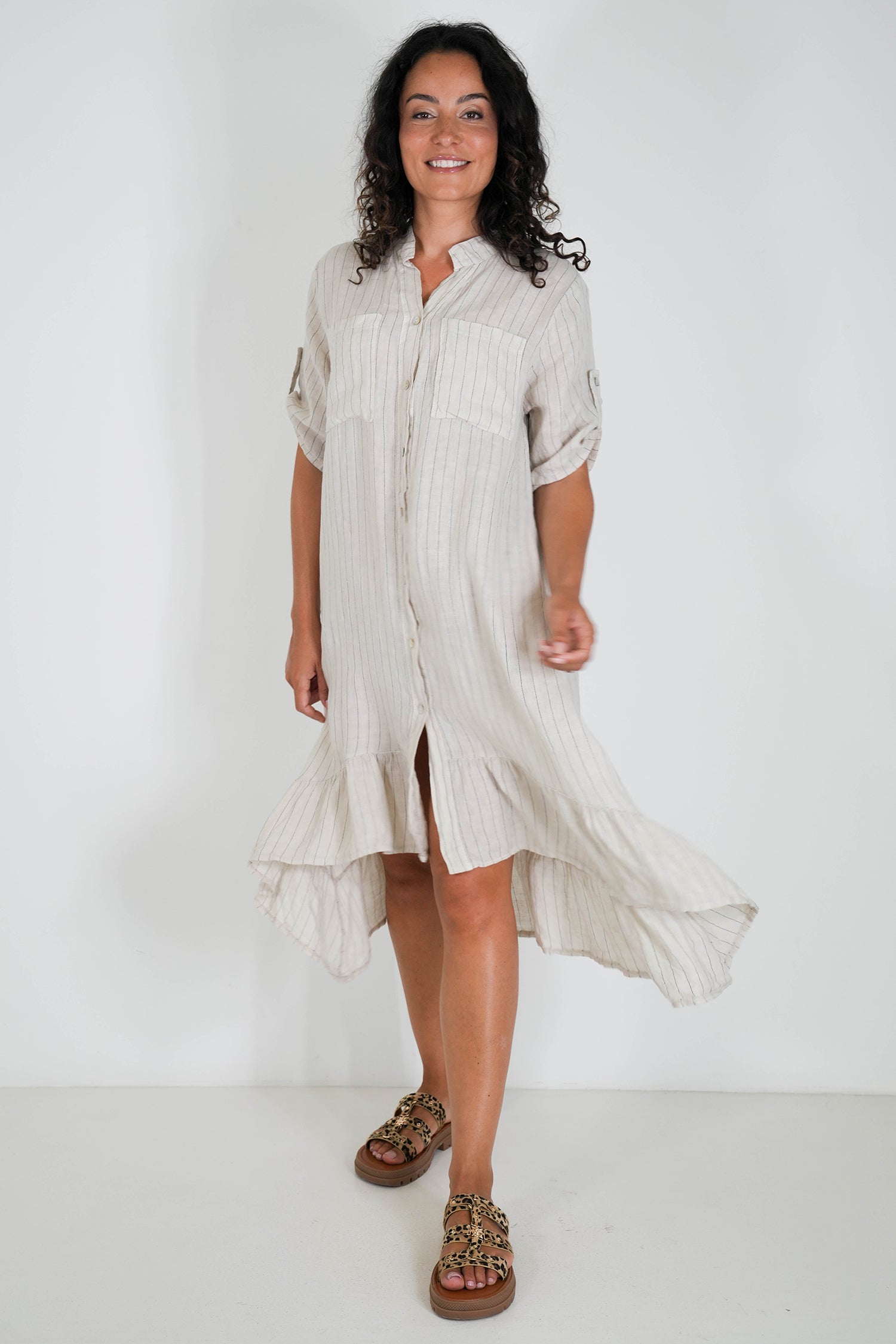 Cream Striped Linen Dress