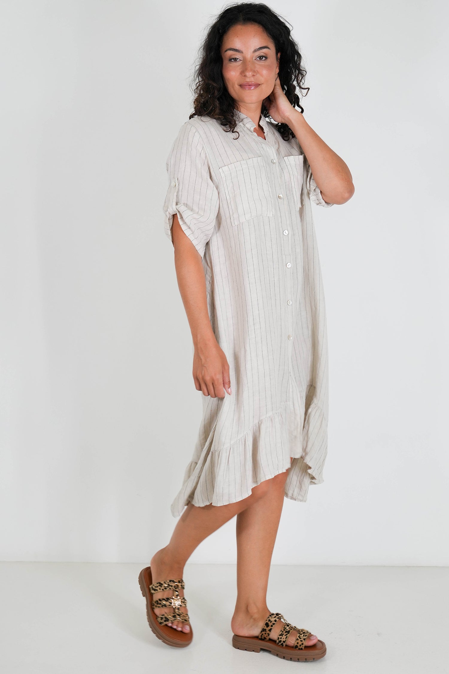 Cream Striped Linen Dress