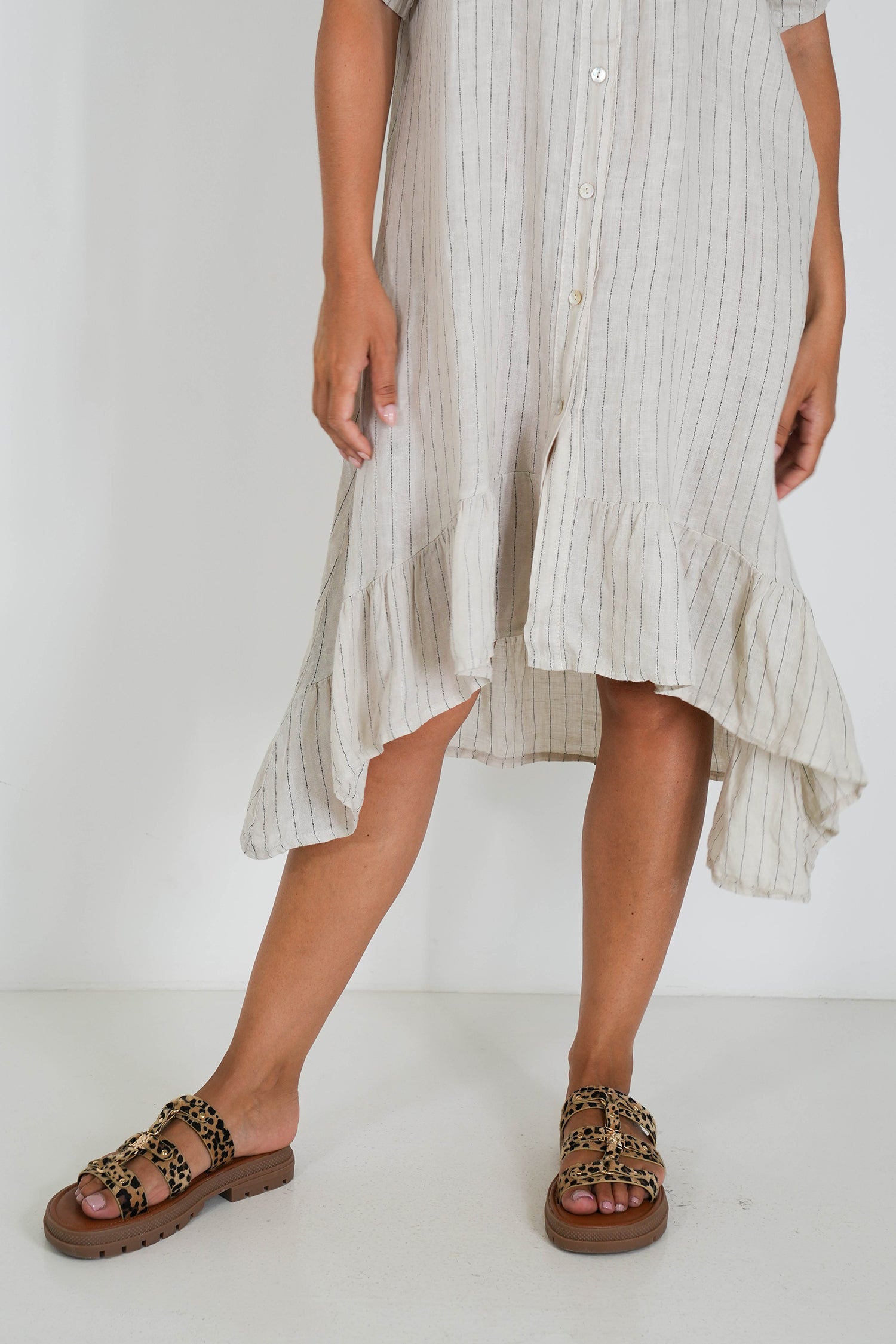 Cream Striped Linen Dress