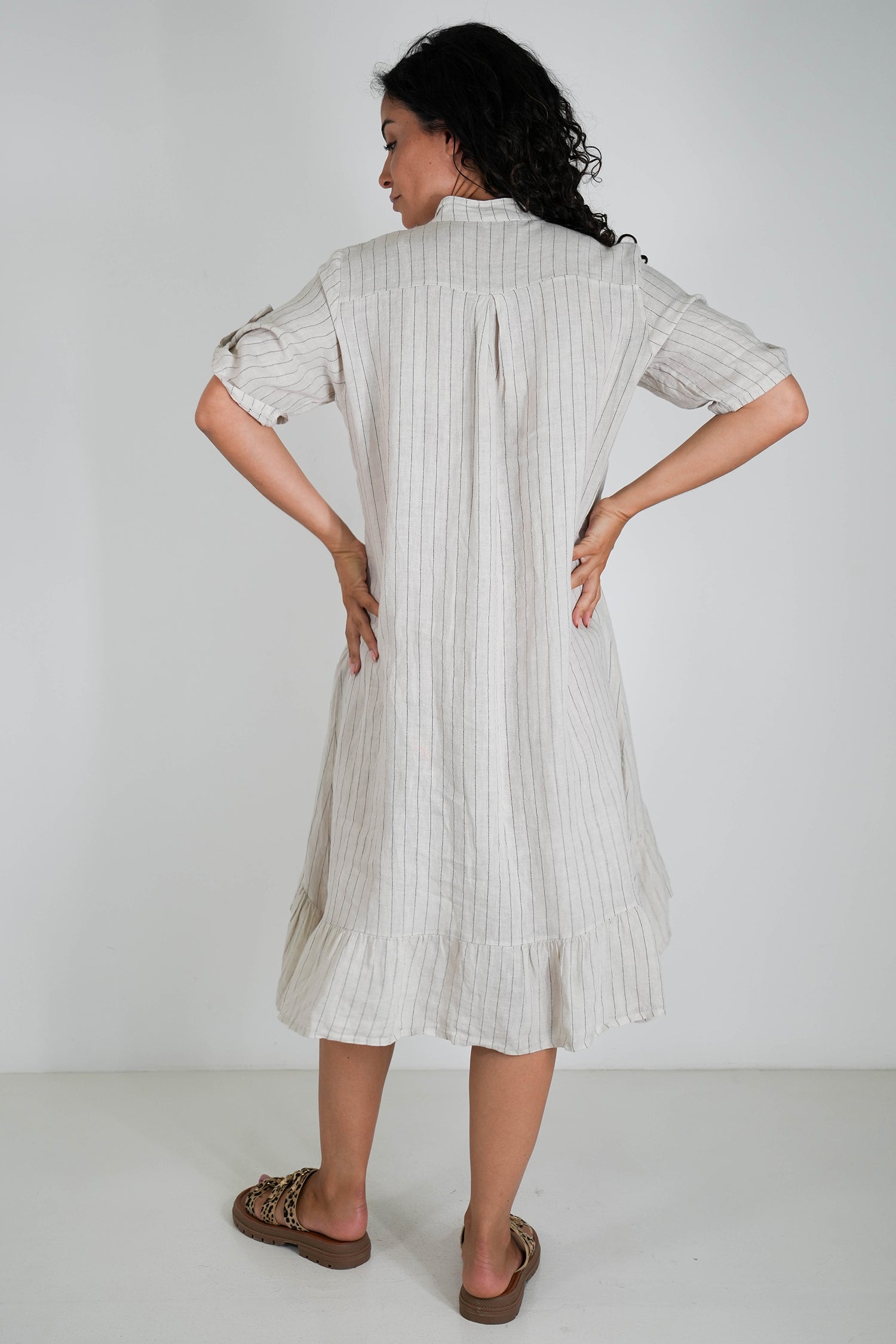 Cream Striped Linen Dress