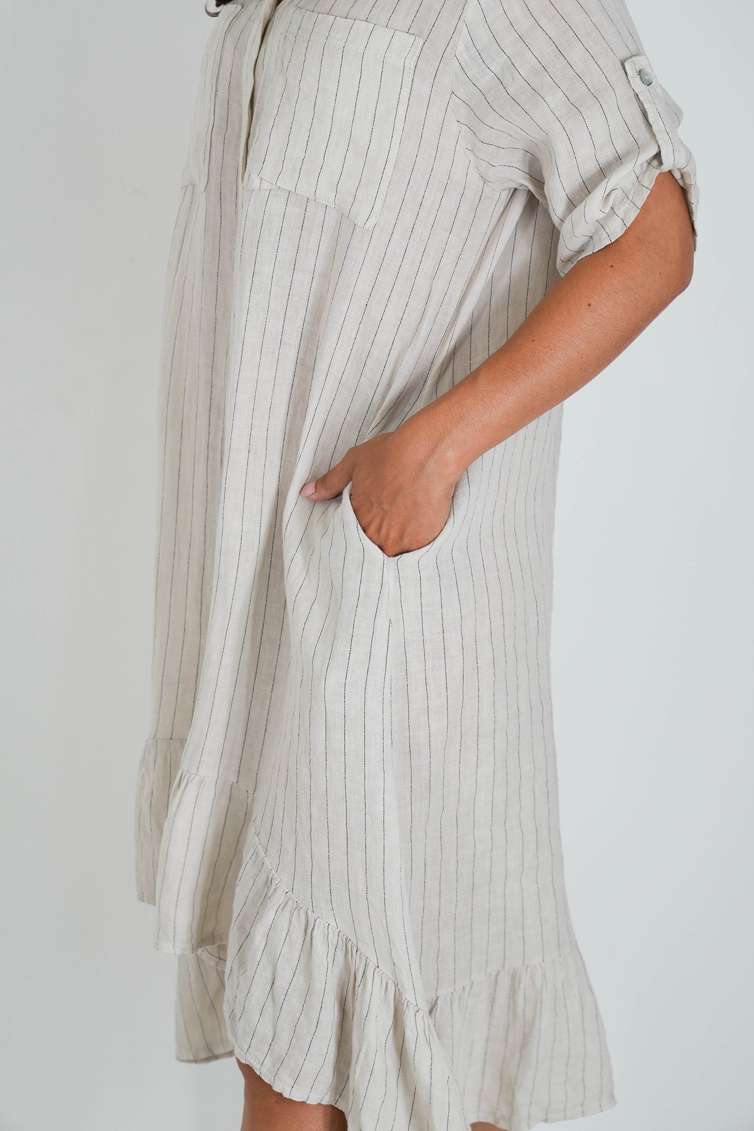 Cream Striped Linen Dress