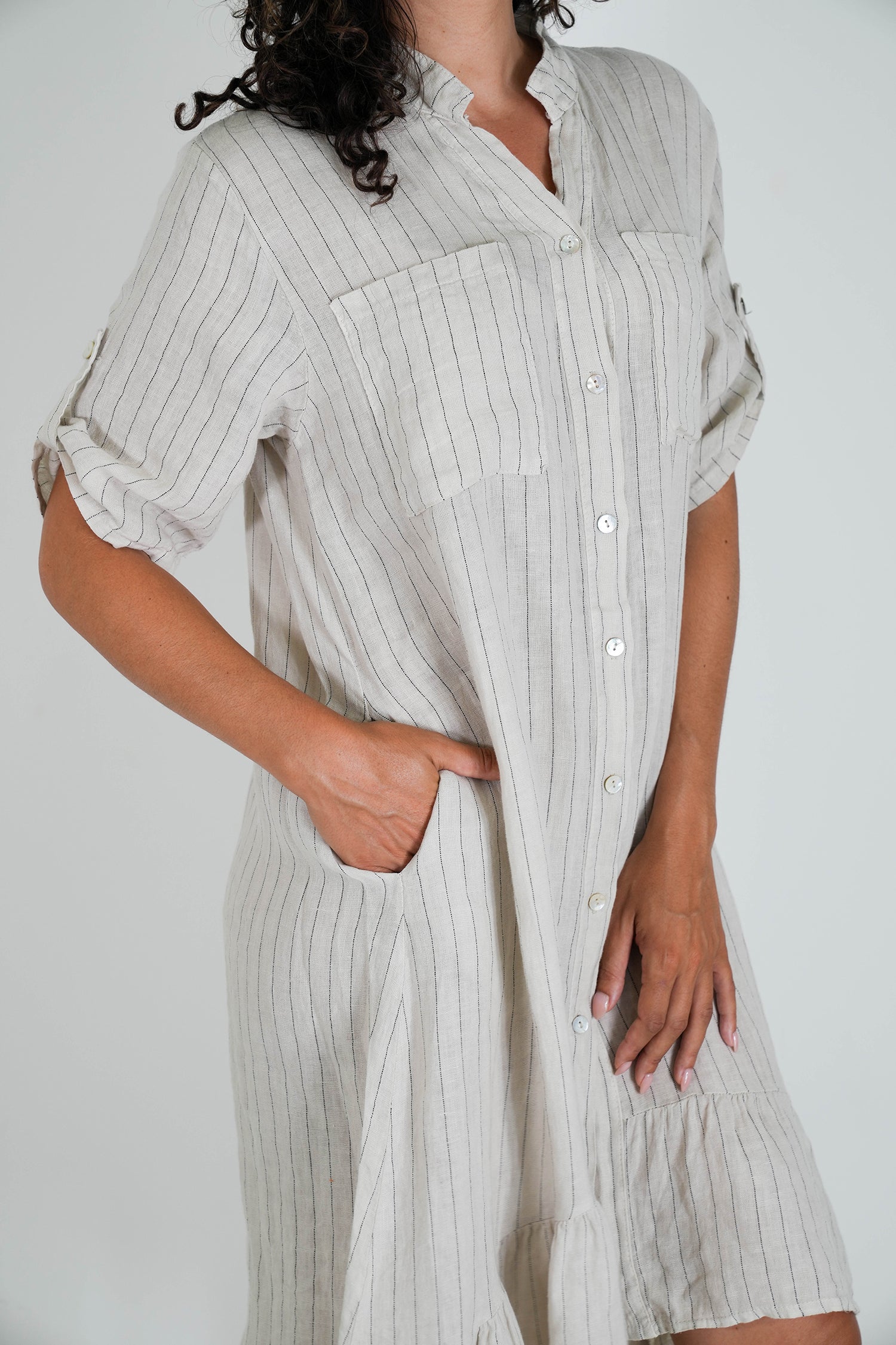 Cream Striped Linen Dress