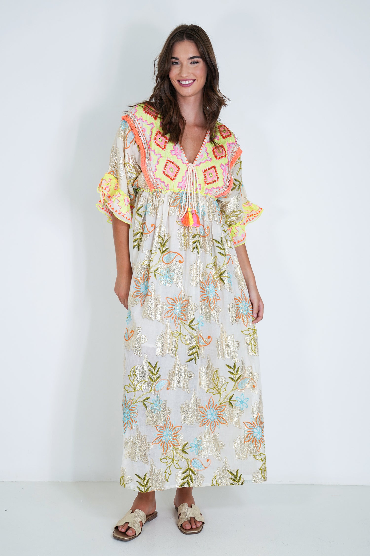 Cream and Neon Embroidery Shazia Dress