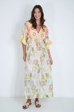 Cream and Neon Embroidery Shazia Dress