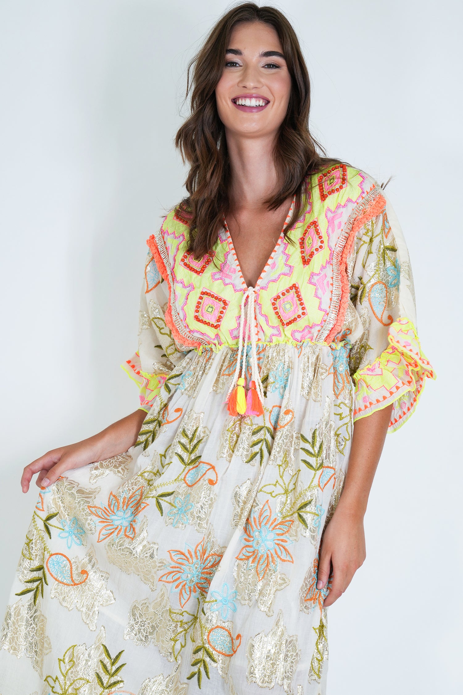 Cream and Neon Embroidery Shazia Dress