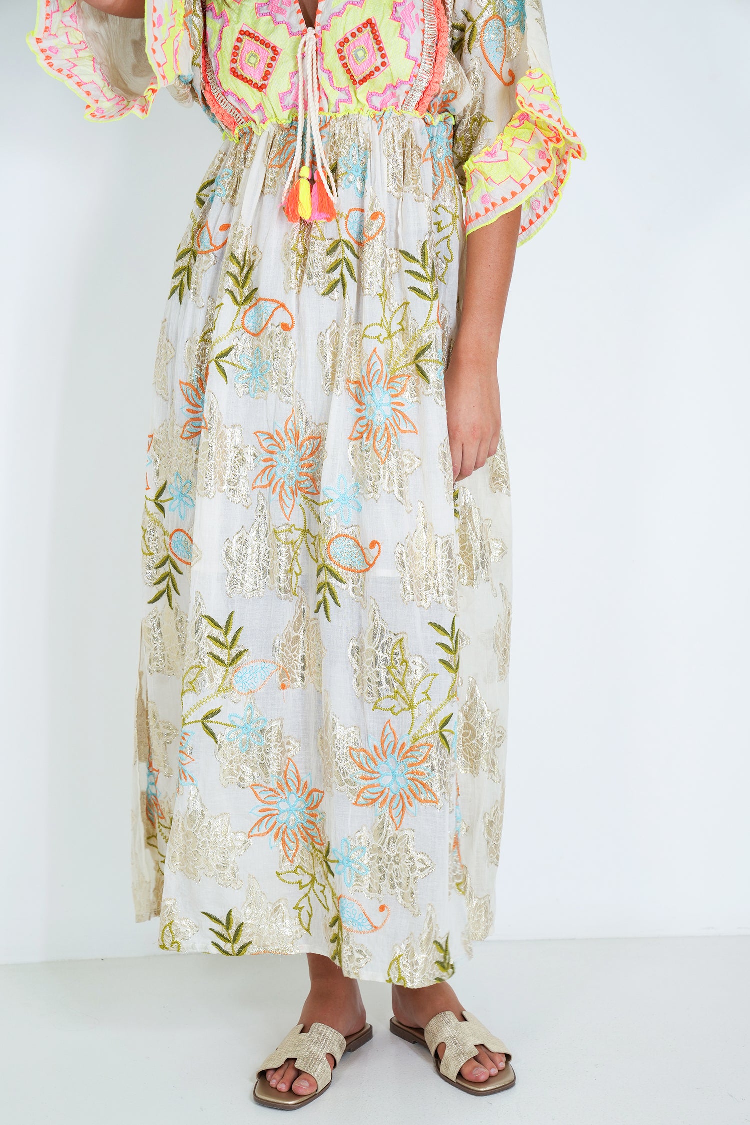 Cream and Neon Embroidery Shazia Dress