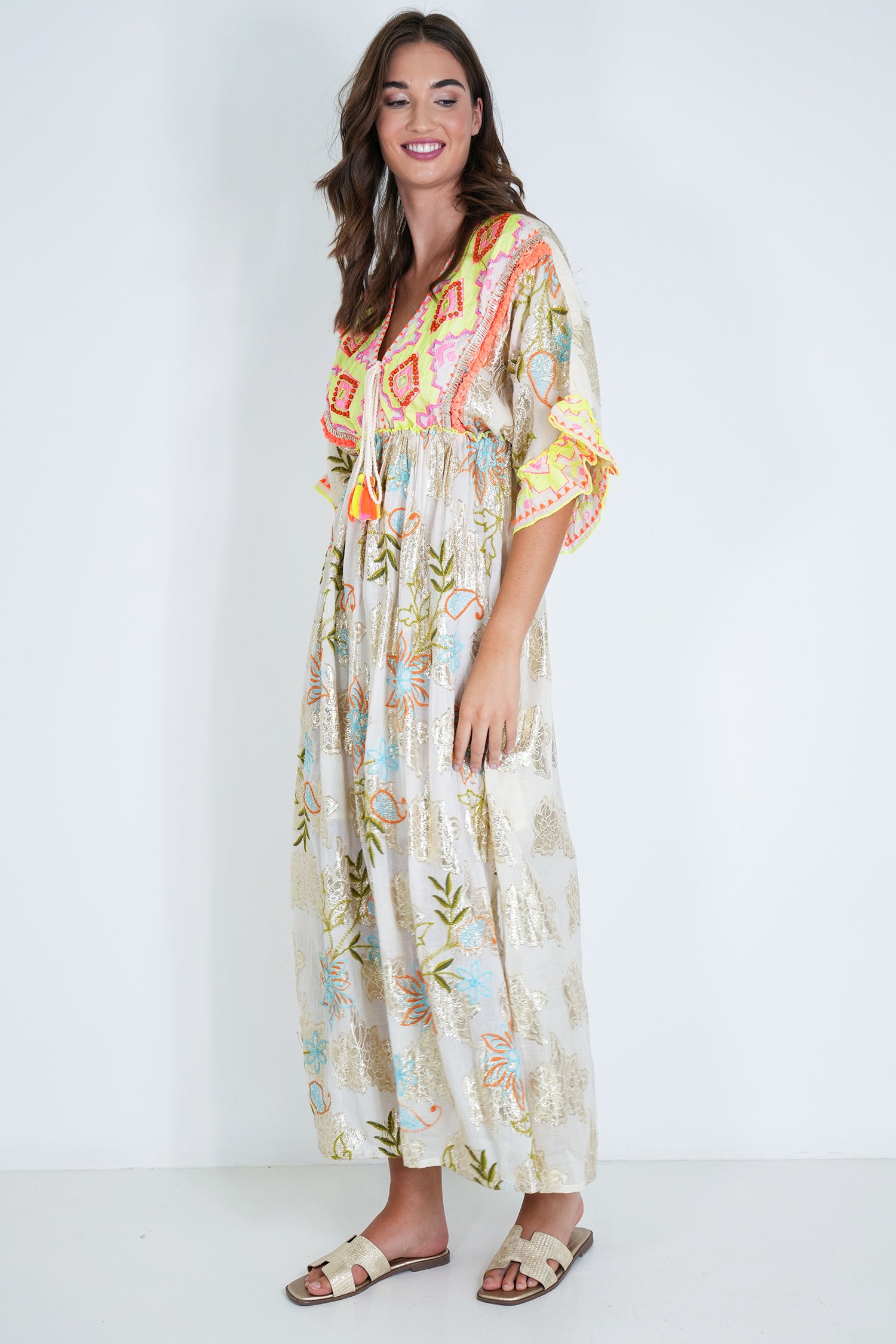 Cream and Neon Embroidery Shazia Dress