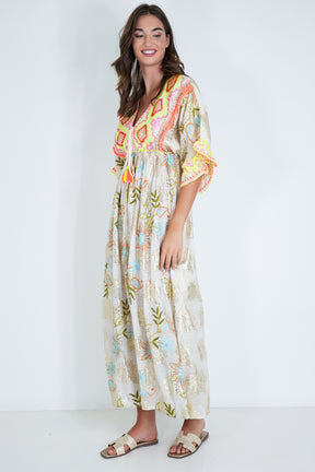 Cream and Neon Embroidery Shazia Dress