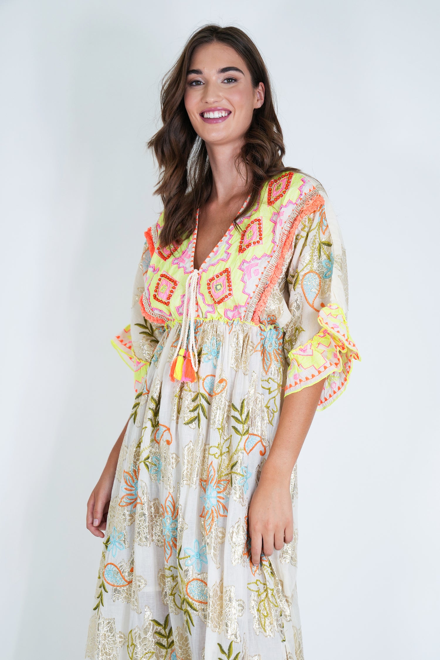 Cream and Neon Embroidery Shazia Dress