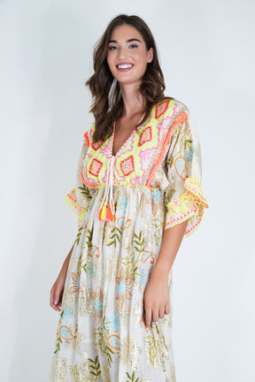 Cream and Neon Embroidery Shazia Dress