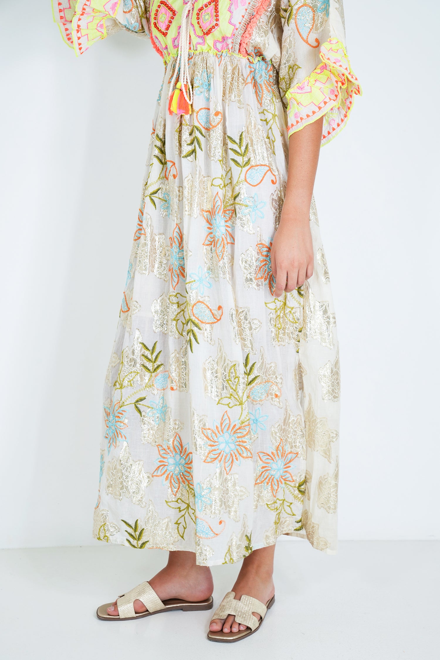 Cream and Neon Embroidery Shazia Dress