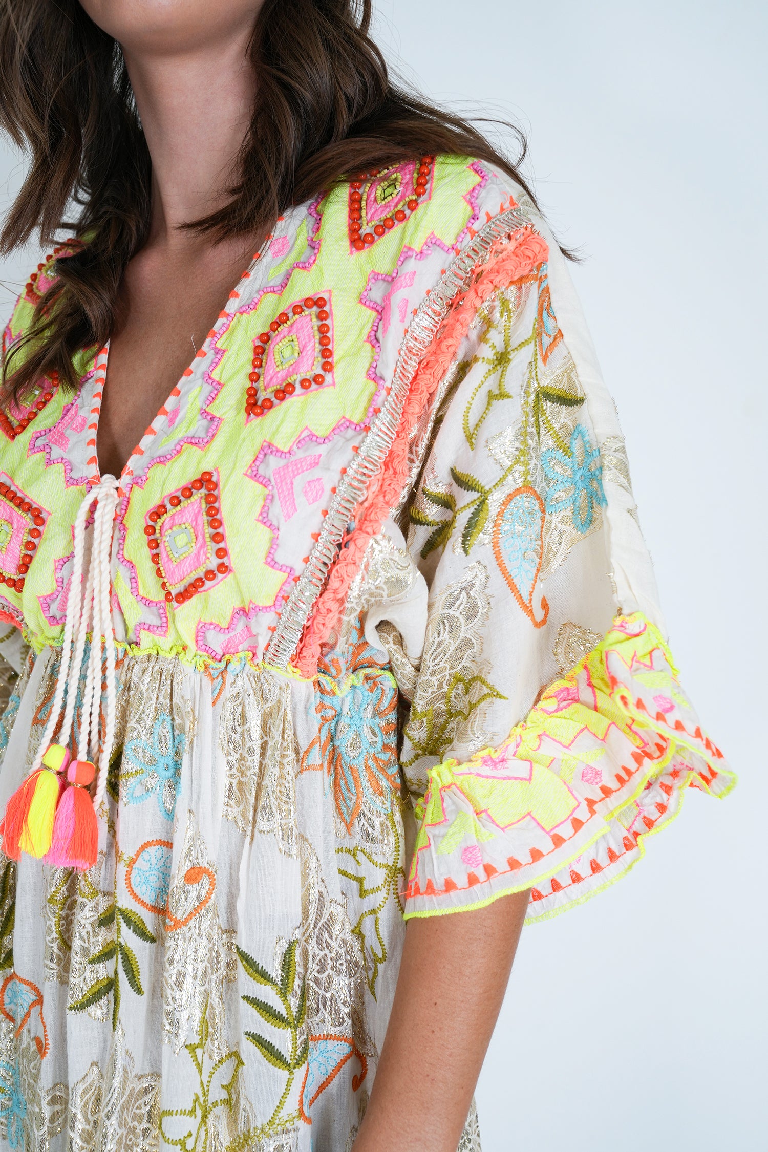 Cream and Neon Embroidery Shazia Dress