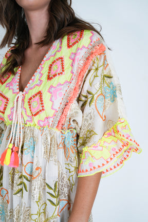 Cream and Neon Embroidery Shazia Dress