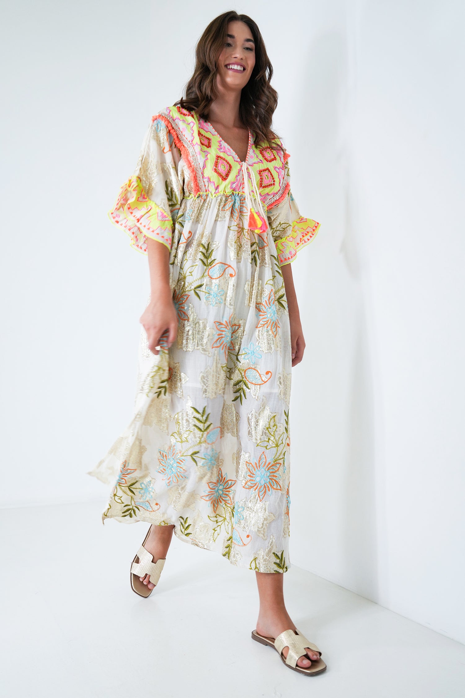 Cream and Neon Embroidery Shazia Dress