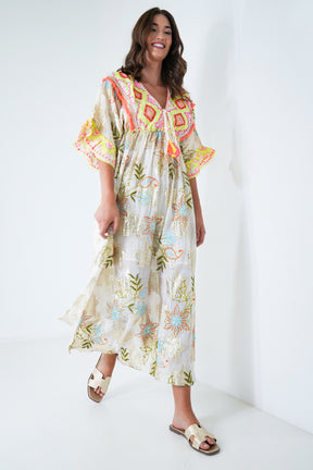 Cream and Neon Embroidery Shazia Dress