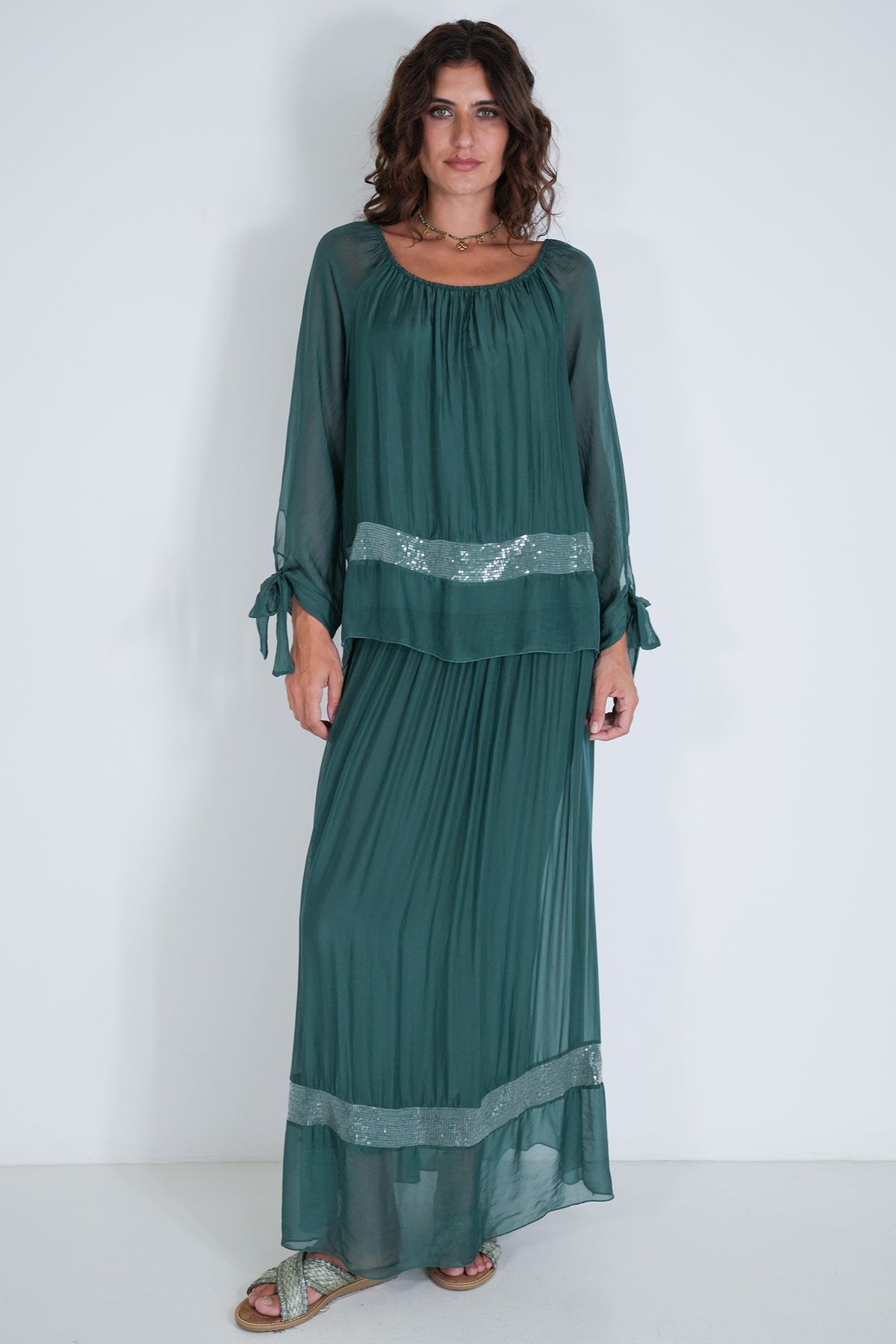 Teal Silk Sequin Bow Sleeve Top