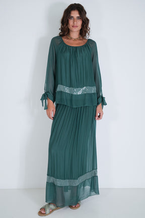 Teal Silk Sequin Bow Sleeve Top