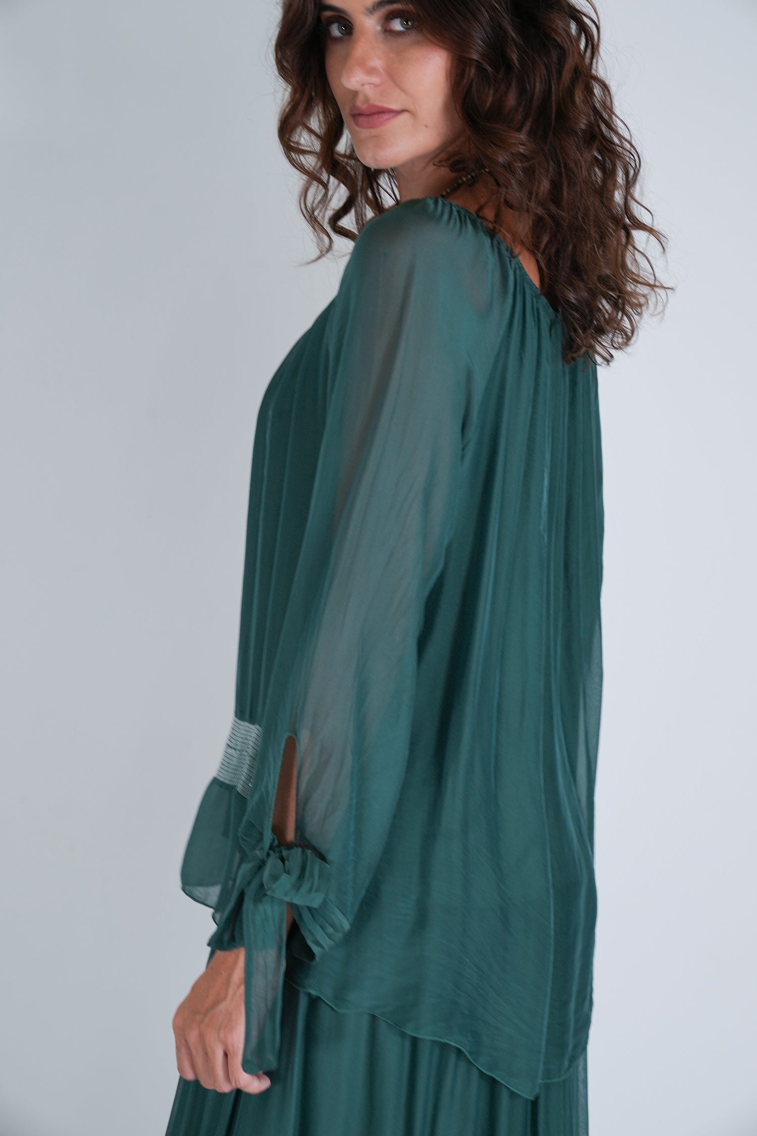 Teal Silk Sequin Bow Sleeve Top