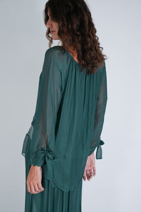 Teal Silk Sequin Bow Sleeve Top