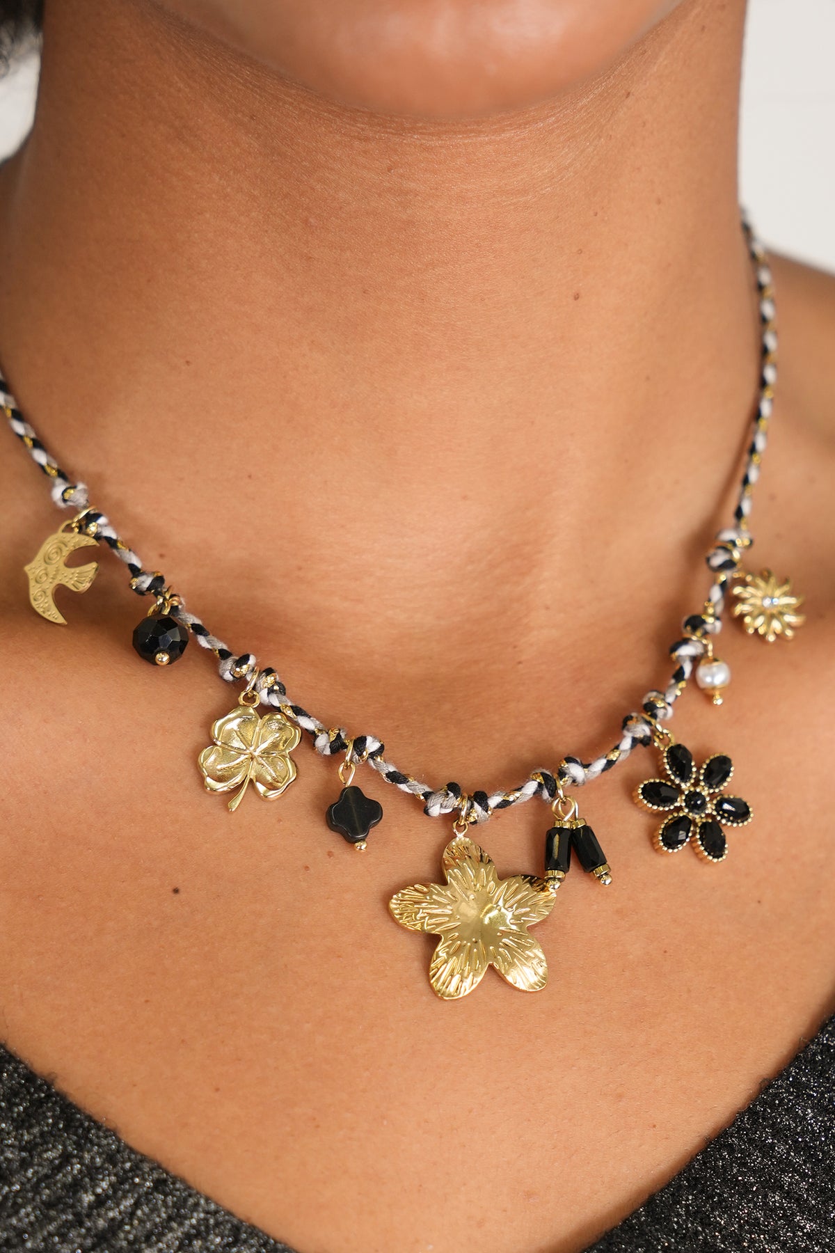 Black Flower Charm Necklace