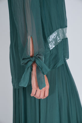 Teal Silk Sequin Bow Sleeve Top