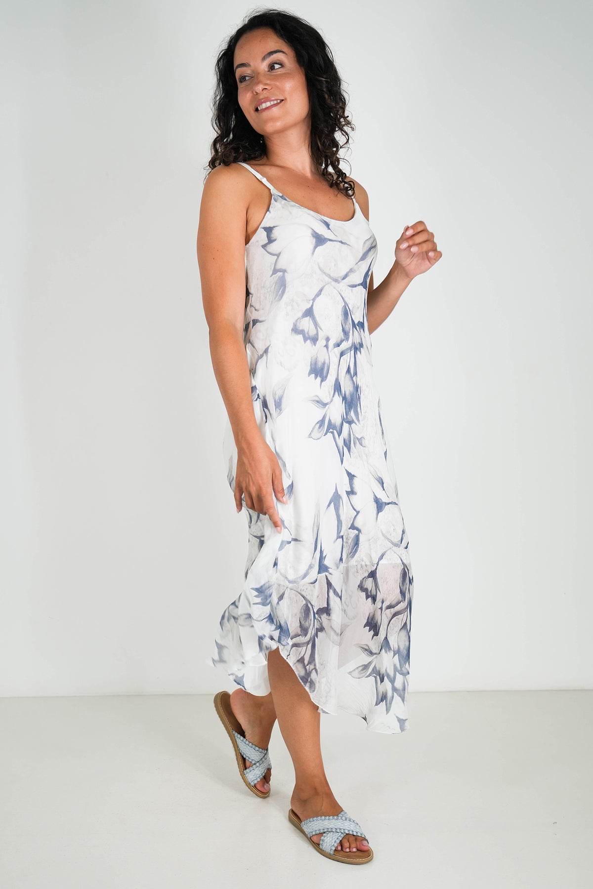 White Floral Silk Strap Dress