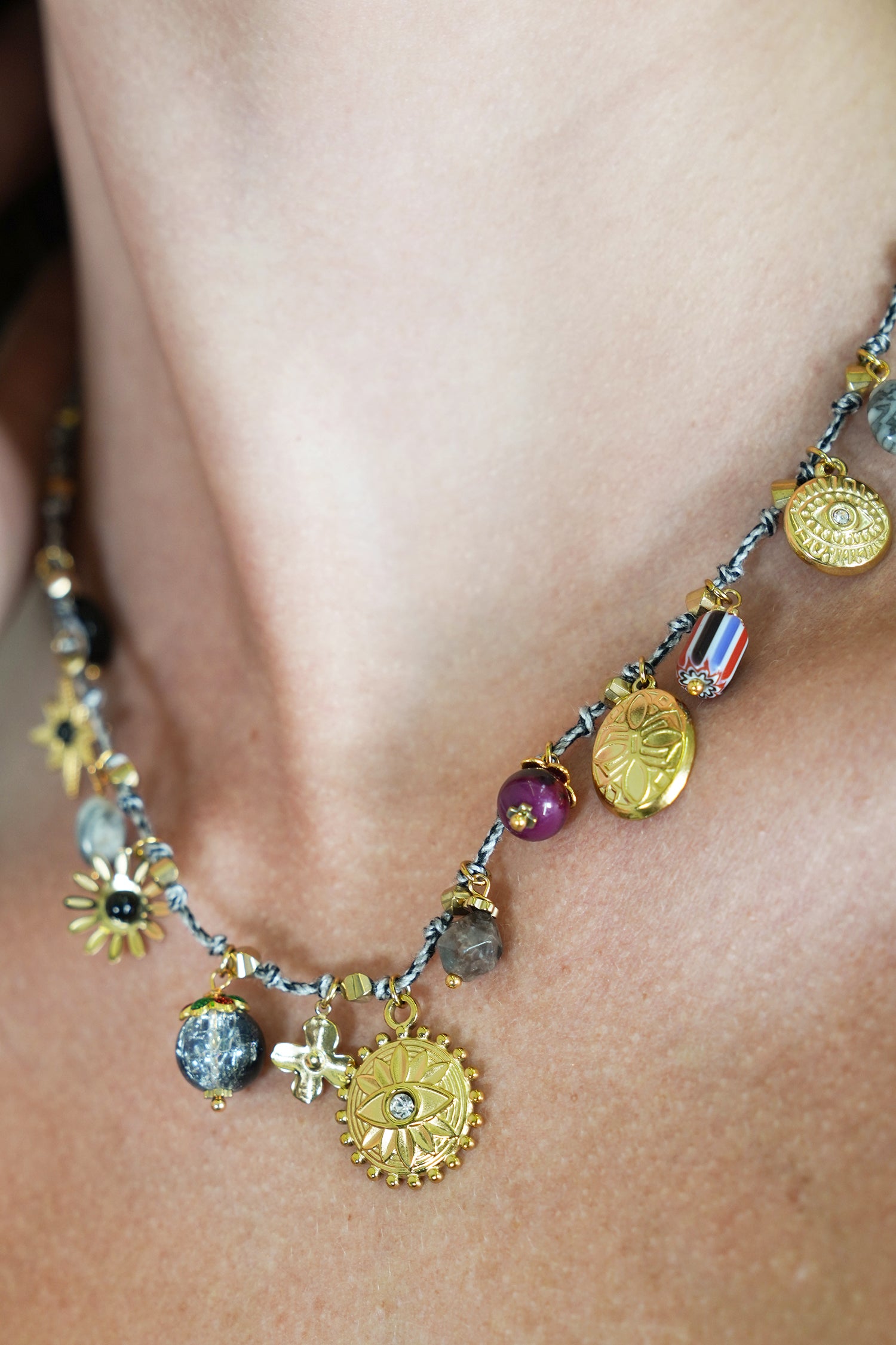 Grey Evil Eye Charm Necklace