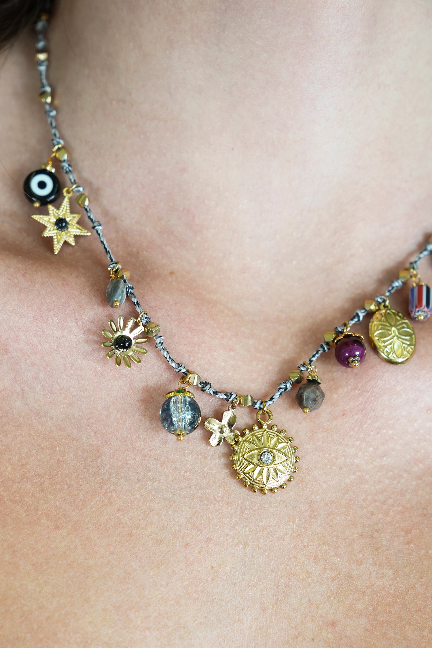 Grey Evil Eye Charm Necklace