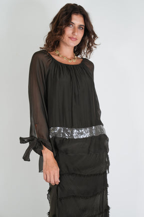 Dark Chocolate Silk Sequin Bow Sleeve Top