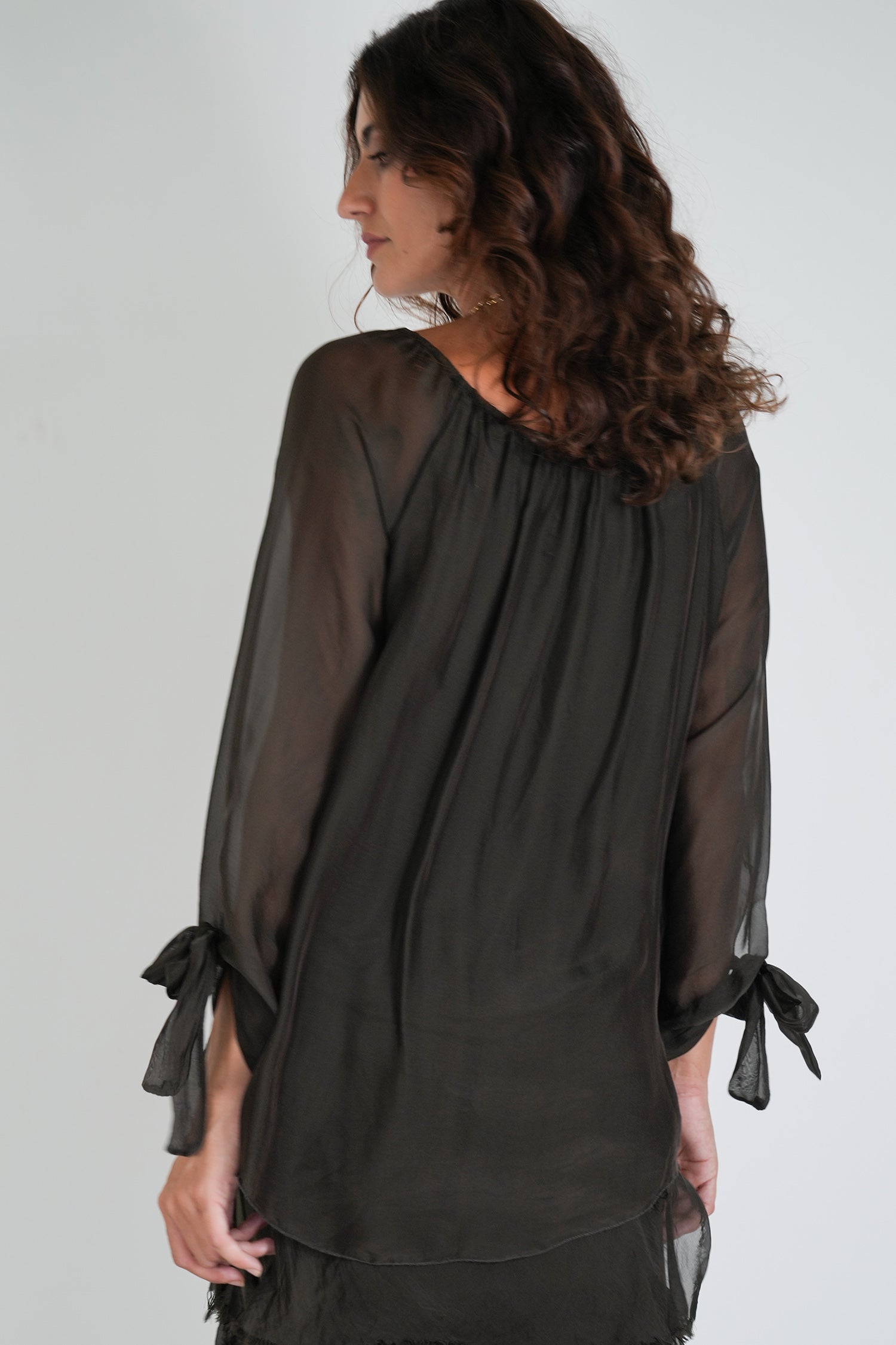 Dark Chocolate Silk Sequin Bow Sleeve Top