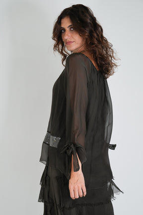 Dark Chocolate Silk Sequin Bow Sleeve Top