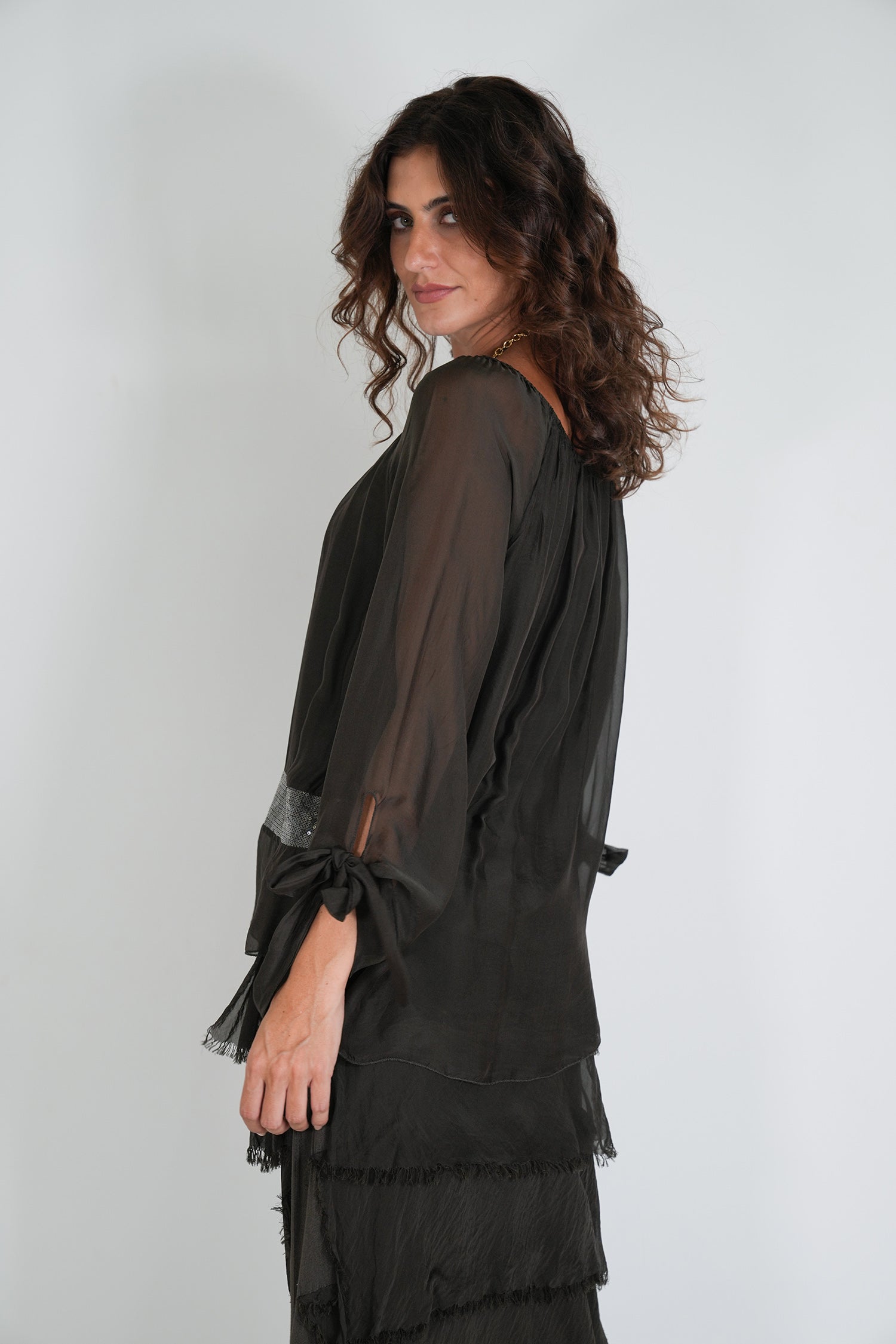 Dark Chocolate Silk Sequin Bow Sleeve Top