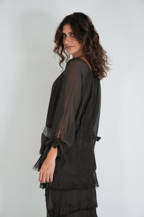 Dark Chocolate Silk Sequin Bow Sleeve Top