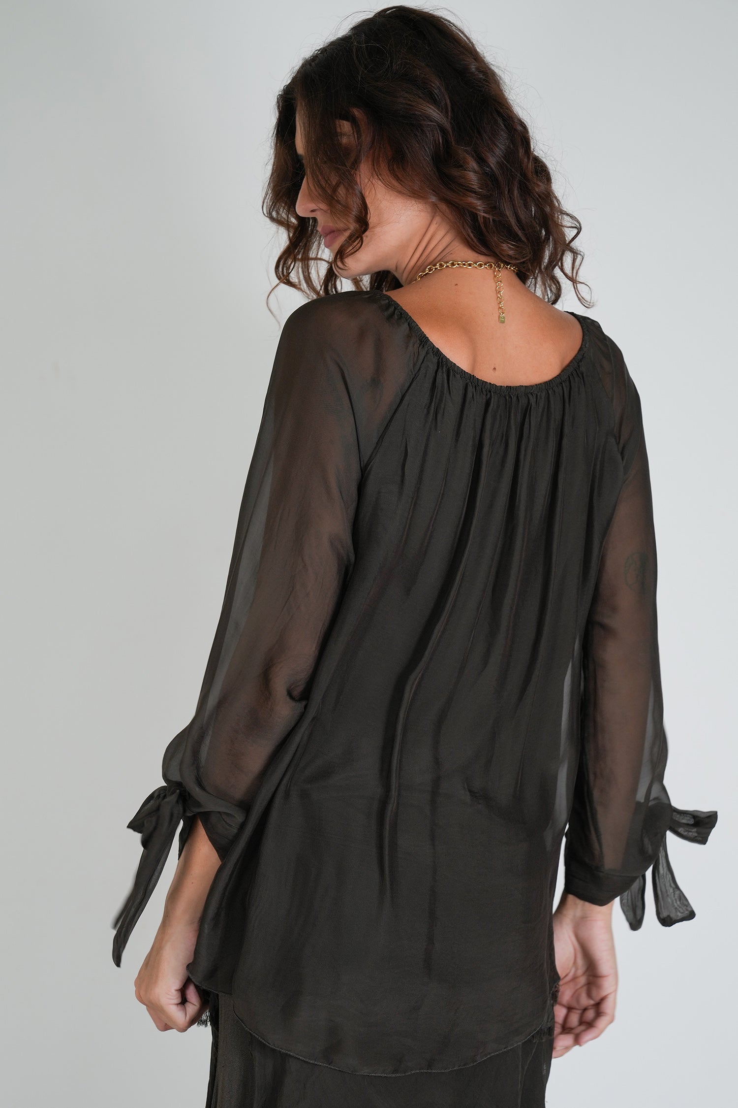 Dark Chocolate Silk Sequin Bow Sleeve Top